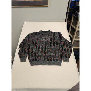 Vintage 90s Permit Striped Design Mens Pullover Sweater- Size XL Gray/Red